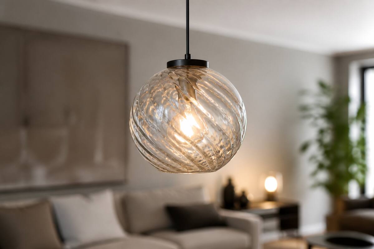 Glazen hanglamp met helder glas in een moderne woonkamer