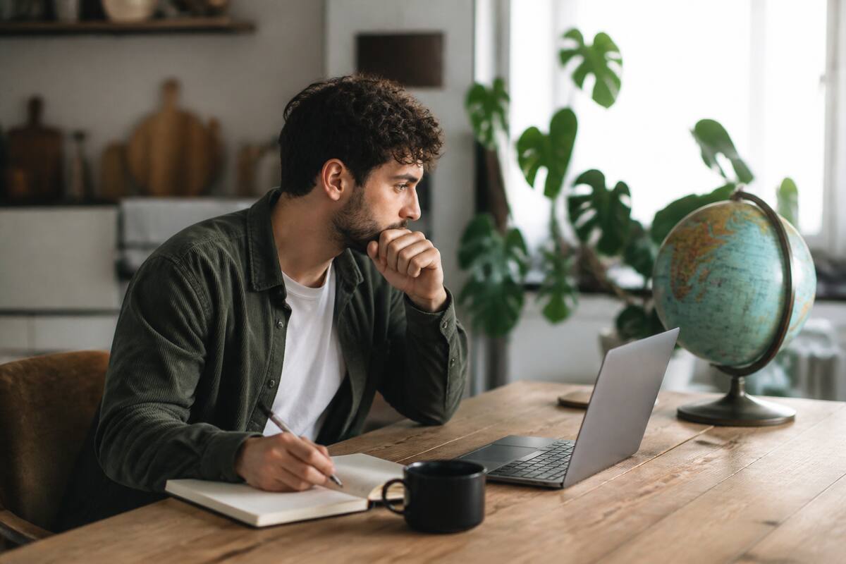 Iemand die met laptop en notitieboekje vakanties vergelijkt