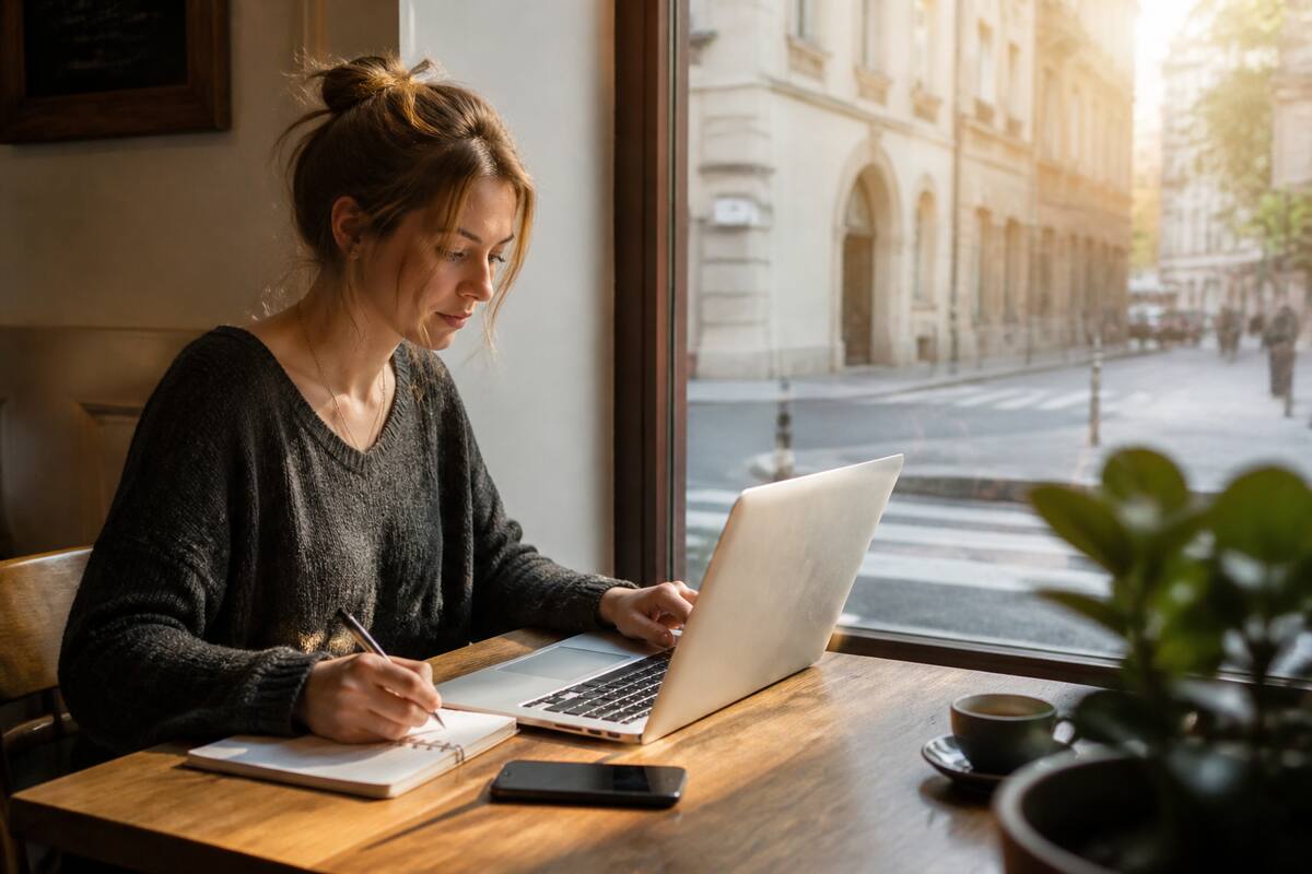 Reiziger die vakanties vergelijkt met laptop en notitieboekje