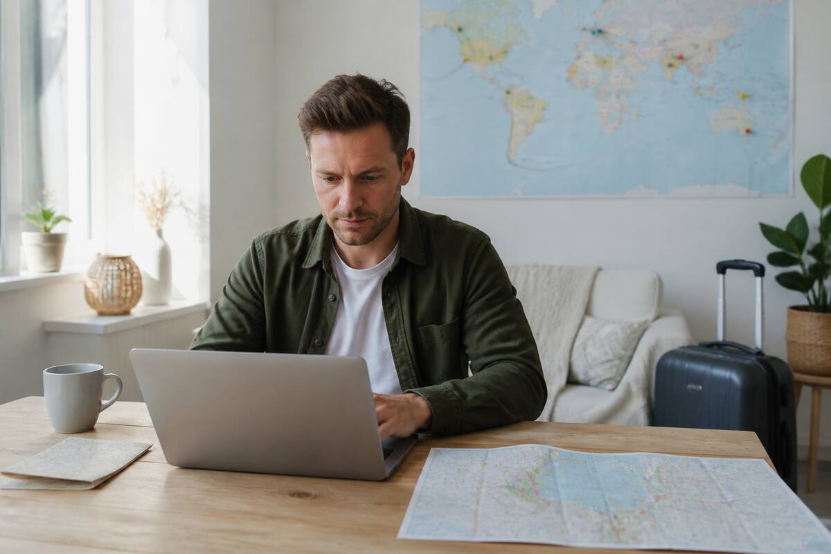 Iemand vergelijkt vakanties op een laptop met een reischema en reisbenodigdheden op tafel.