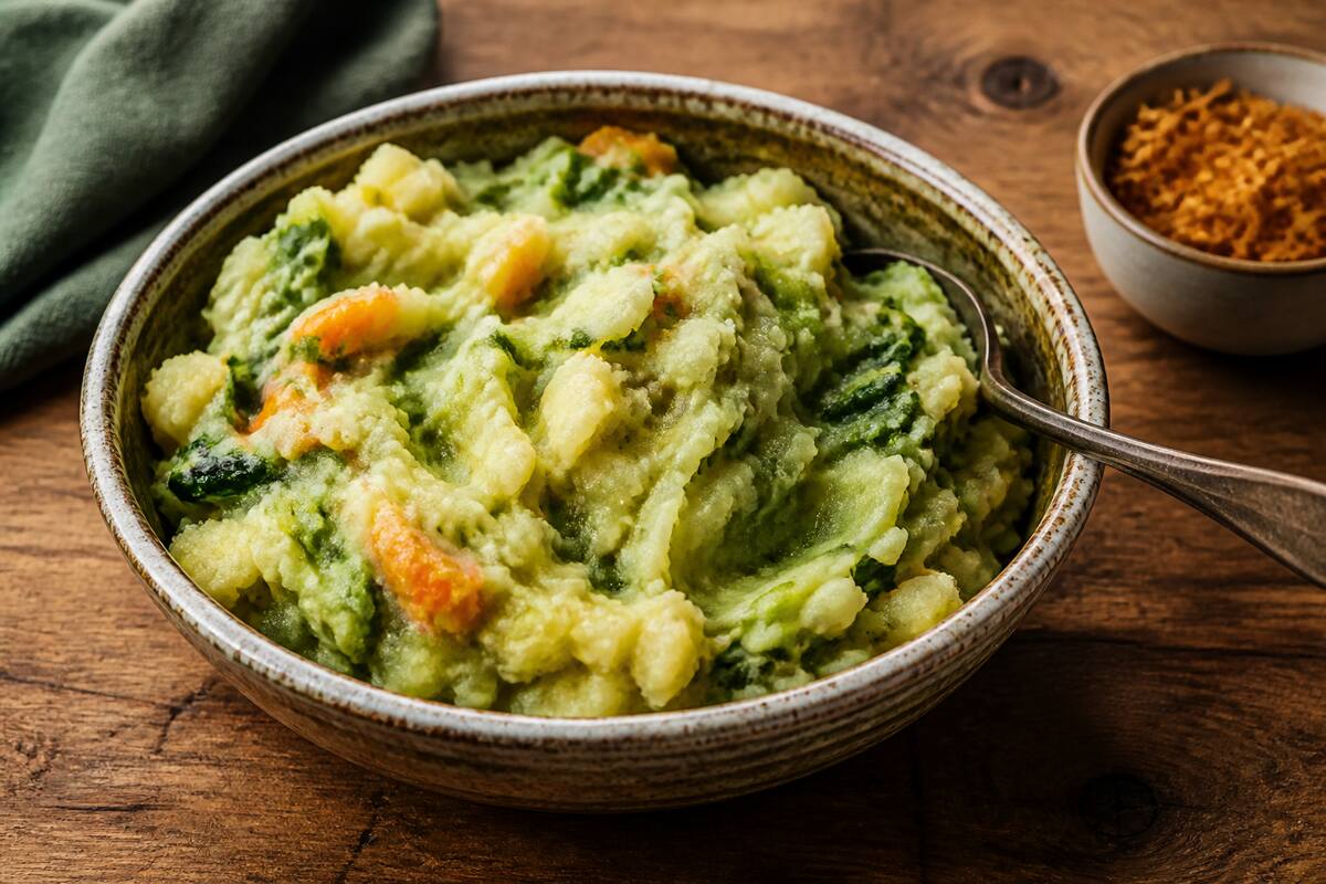 Stamppot in een stenen schaal met smeuïge aardappelen en groente, met gebakken uitjes als garnering