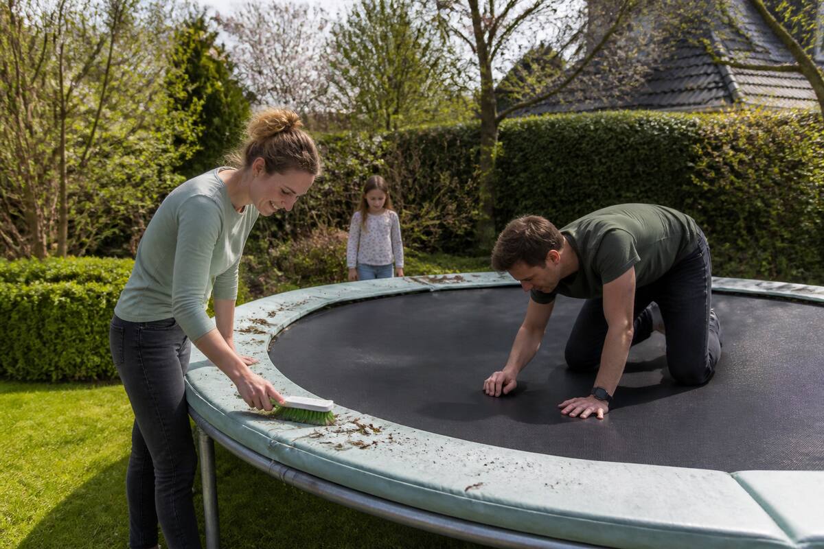 Trampoline onderhoud in het voorjaar: springmat en randkussen schoonmaken en inspecteren