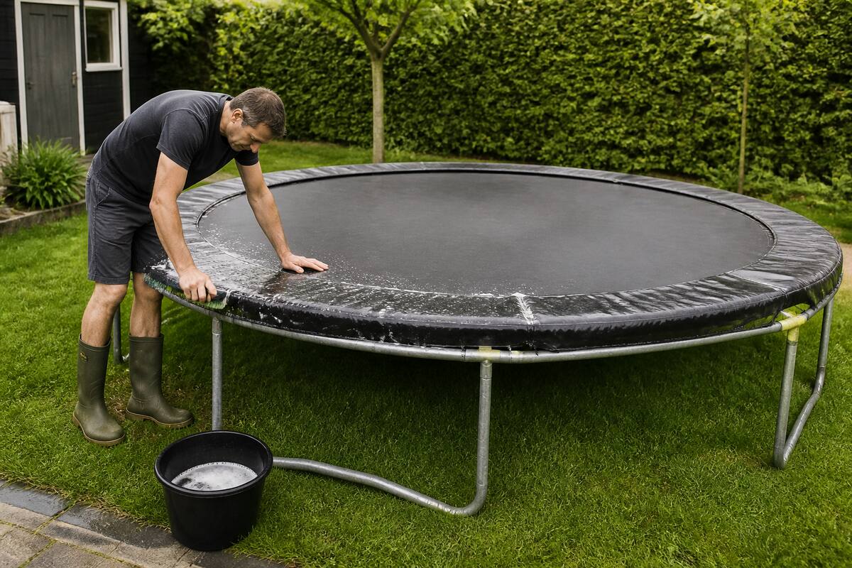 Trampoline schoonmaken met een zachte borstel, emmer lauw water en microvezeldoek