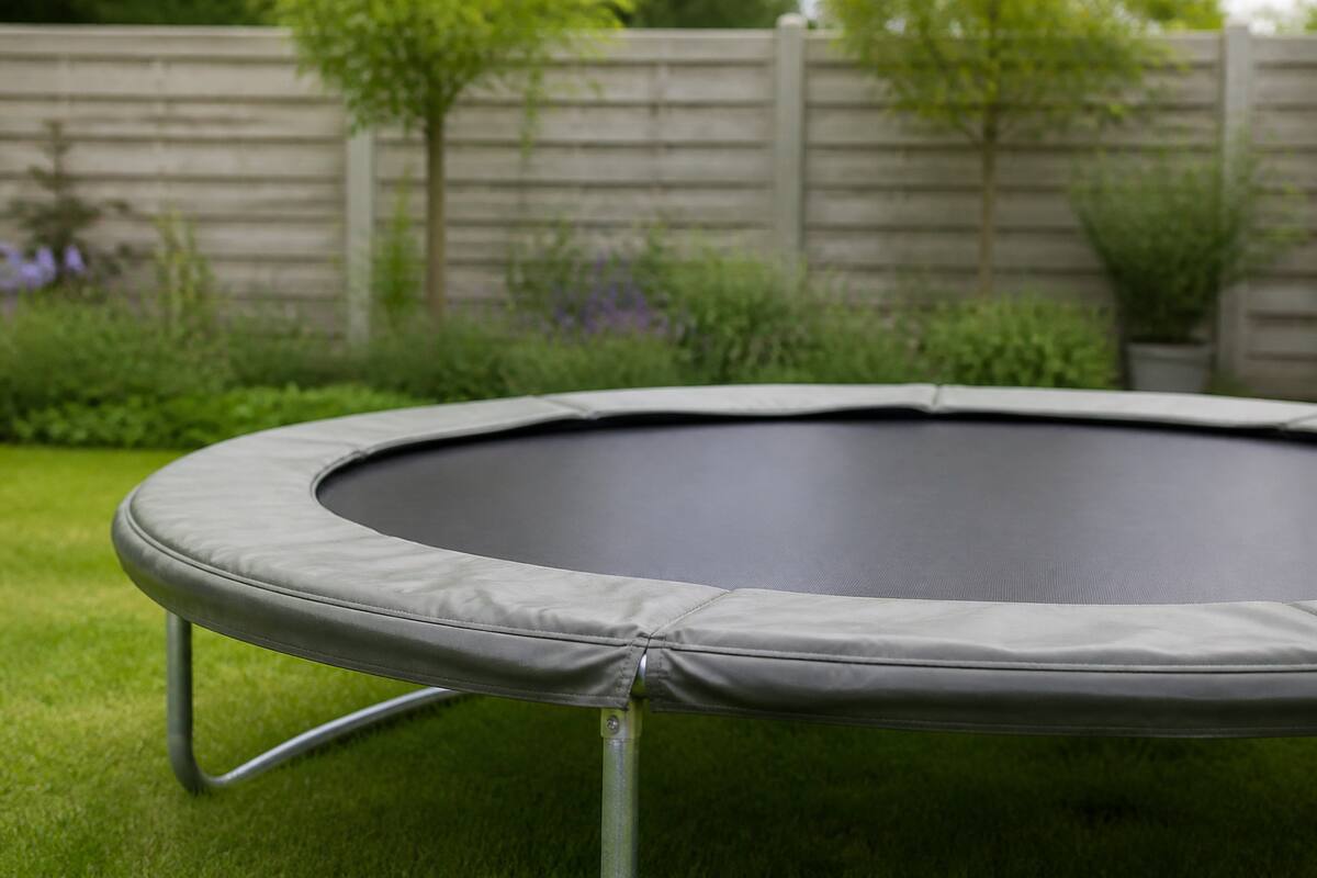 Trampoline in een woontuin met springmat en randkussen zichtbaar
