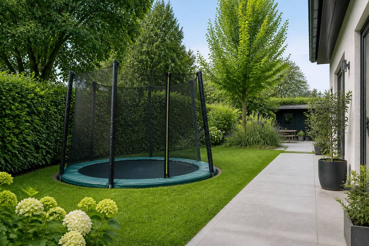 Inground trampoline in een verzorgde tuin met veiligheidsnet en randkussen