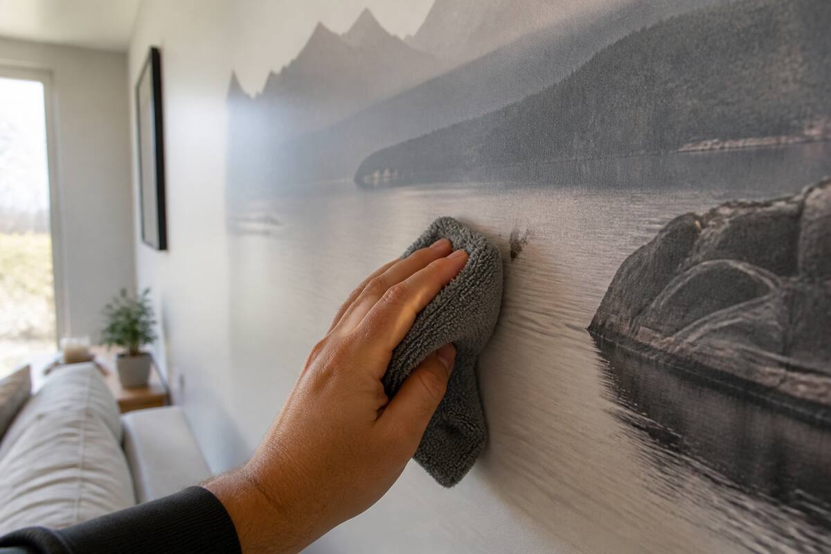 Hand veegt een fotobehangwand voorzichtig schoon met een zachte microvezeldoek