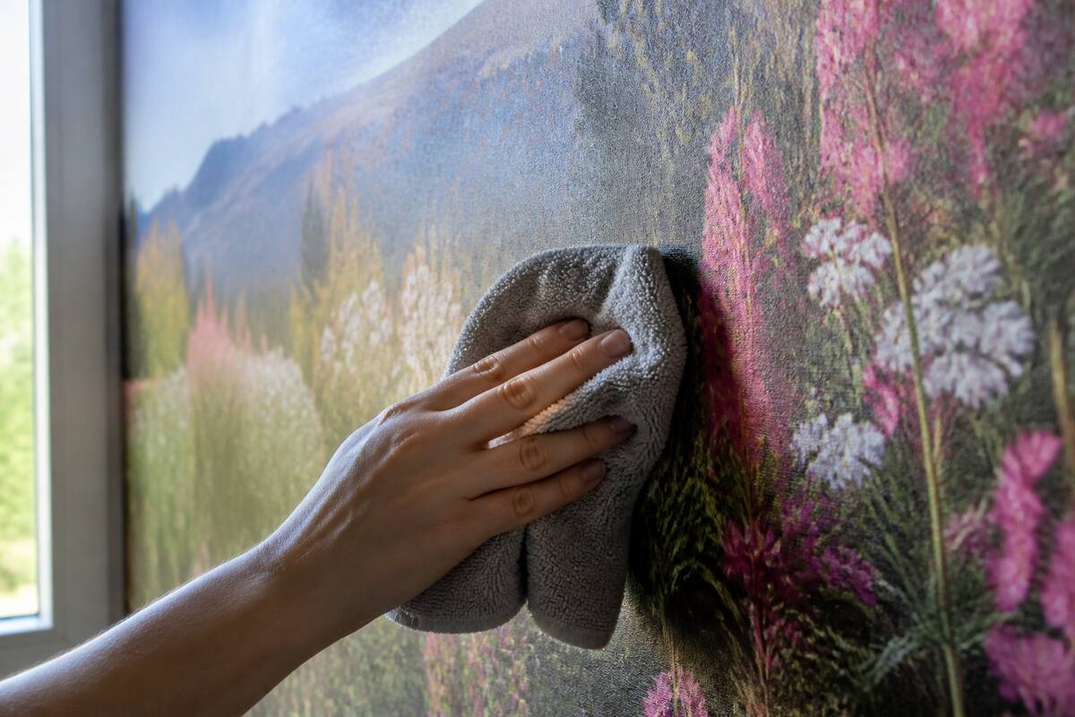 Fotobehang wordt voorzichtig schoongemaakt met een zachte microvezeldoek onder natuurlijk licht