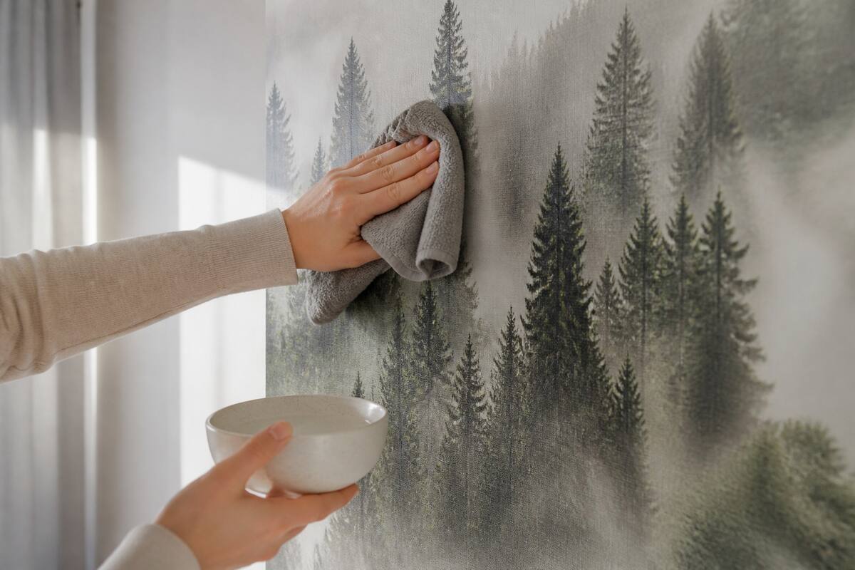 Fotobehang schoonmaken met een zachte microvezeldoek in een lichte woonkamer