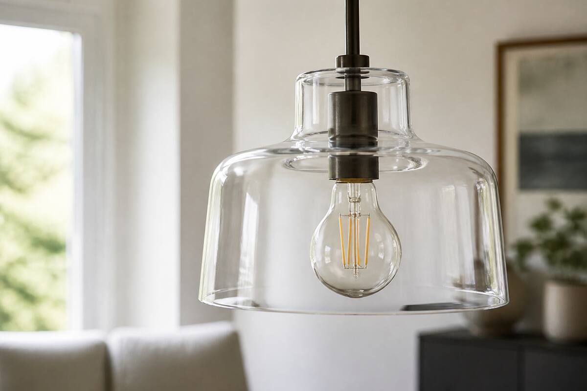 Een glazen hanglamp met helder glas in een lichte woonkamer, realistisch en zonder tekst in beeld.