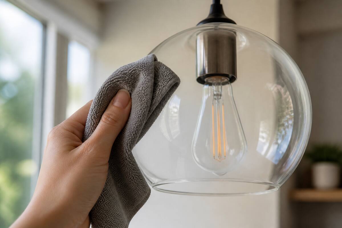 Een glazen hanglamp wordt met een microvezeldoek schoongemaakt bij zacht daglicht
